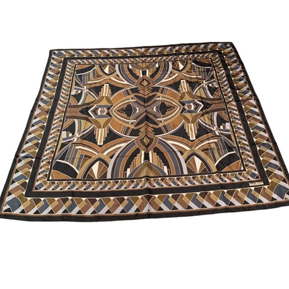 Geometric Square Brown Scarf Wrap 34" 100% Silk ART DECO Design Adrienne Landau - Picture 1 of 9